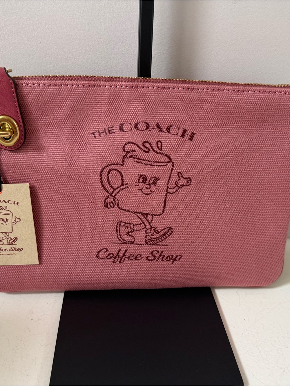 Coach Pink Canvas Coffee Shop Pouch with Gold Hardware